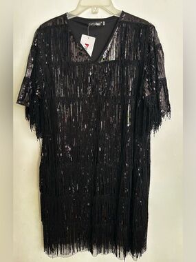 PrettyGuide Black Sequins Fringe V Neck Flapper Style Dress size 14